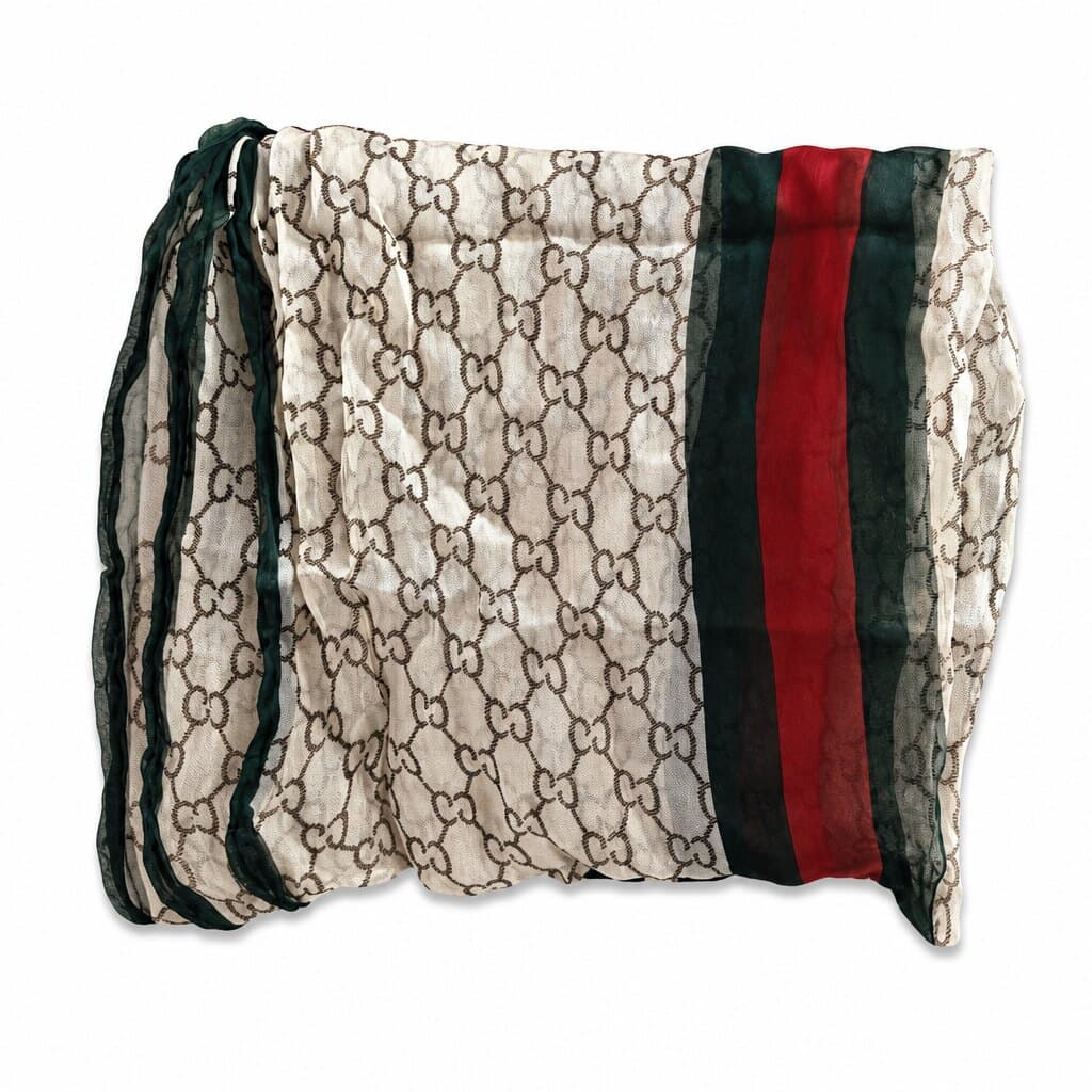 米色拼红绿条纹Gucci monogram印花丝巾