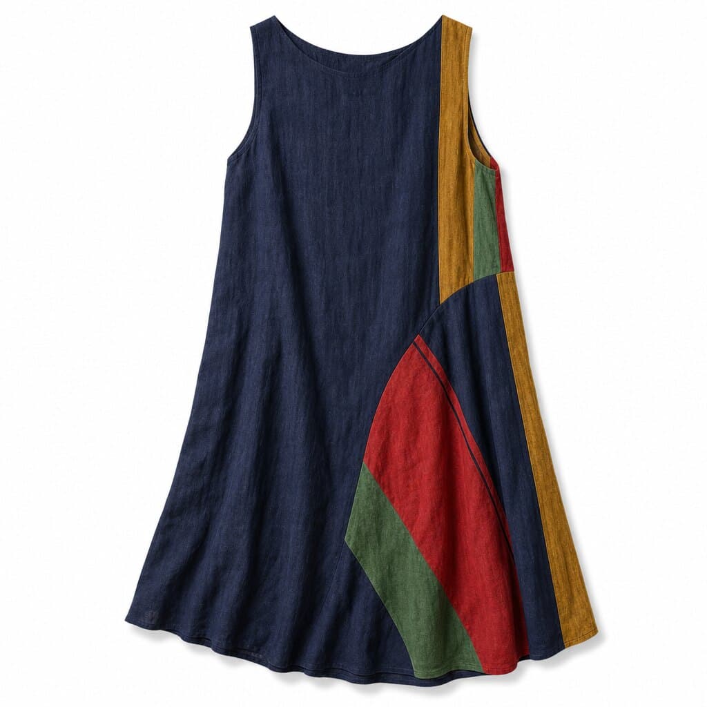 藏青拼色无袖不规则连衣裙